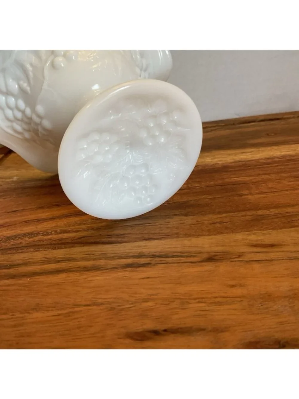 White milk Glass Wavy Footed Bowl With Grape Leaf embossed Pattern